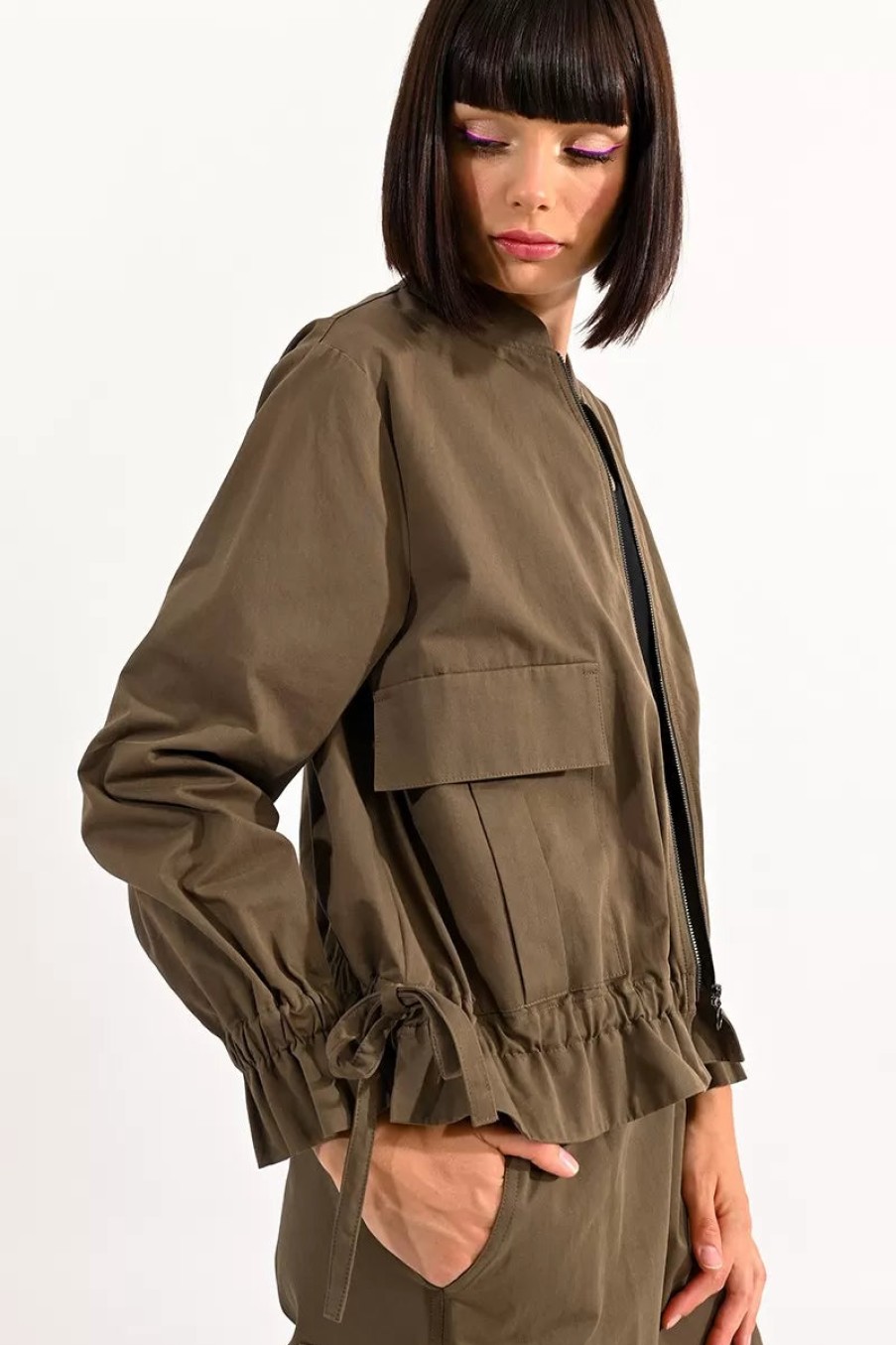 Clearance Molly Bracken Casual Molly Bracken Boyfriend Jacket With Ruffle Detail | Ireland Khaki