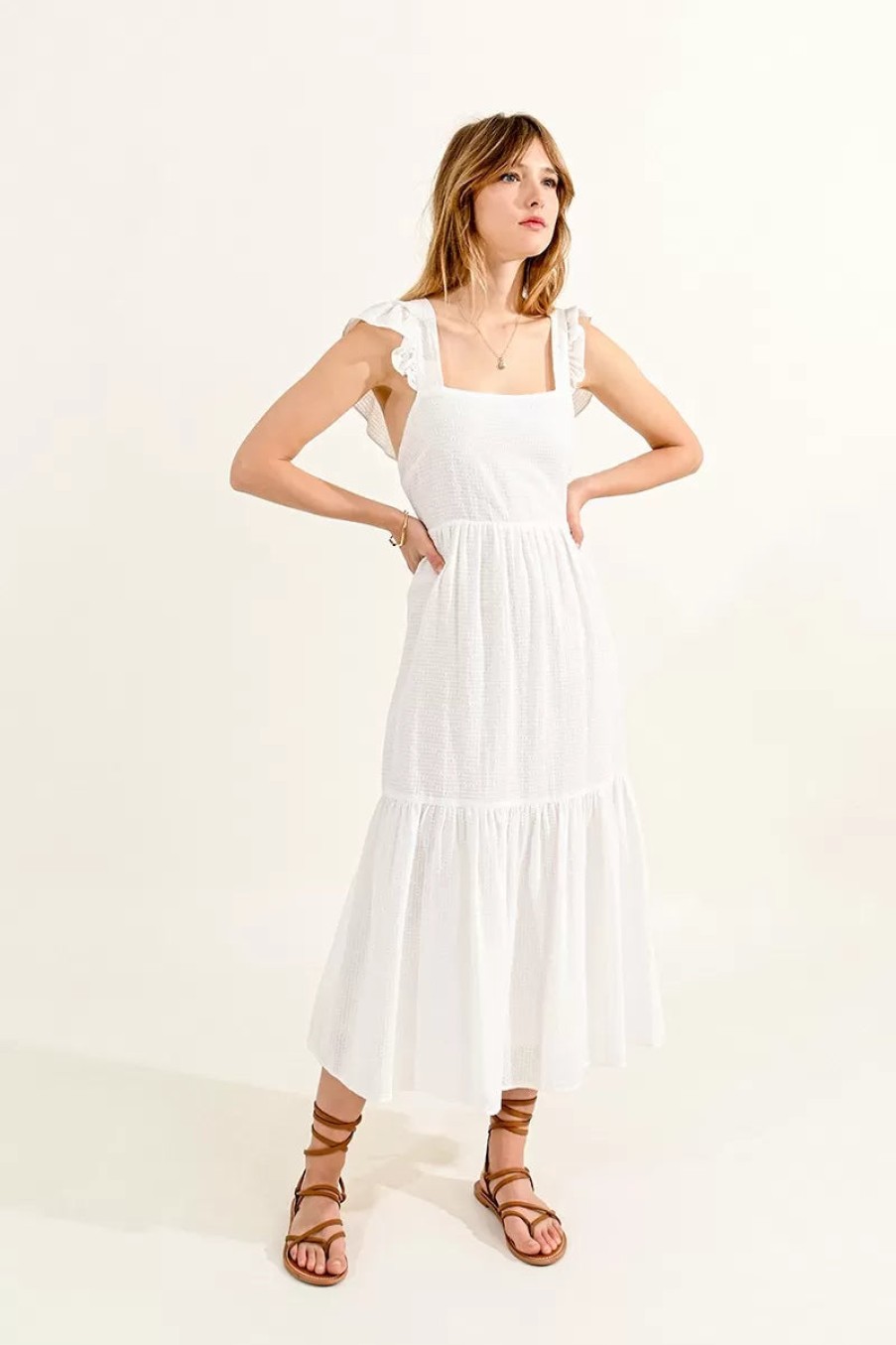 Hot Molly Bracken Molly Bracken Cotton Tiered Maxi Dress | Womens Summer Dress Off White