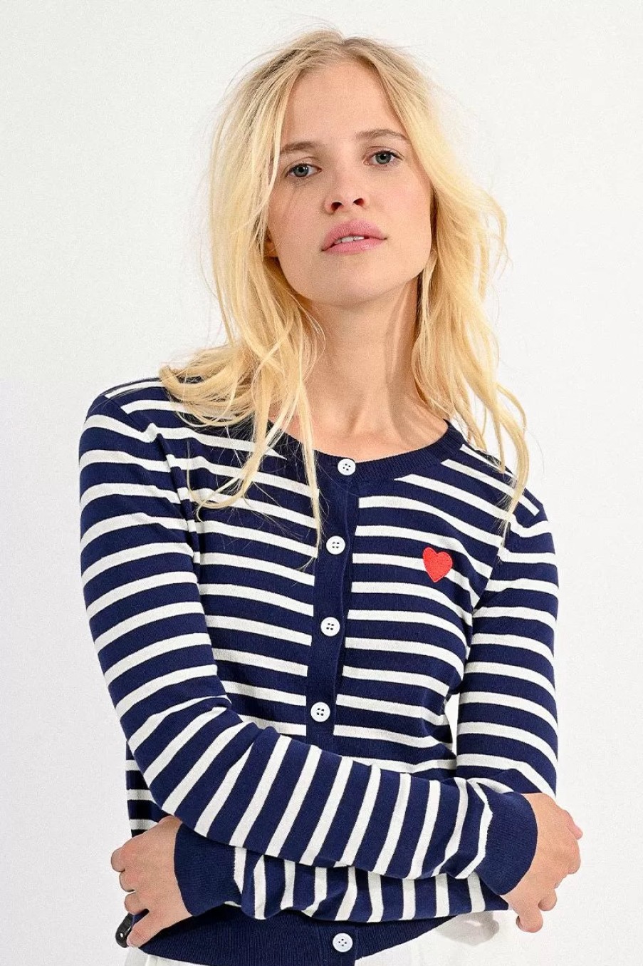 Online Molly Bracken Molly Bracken Navy/White D Heart Cardigan | Summer Knit Ireland Stripe