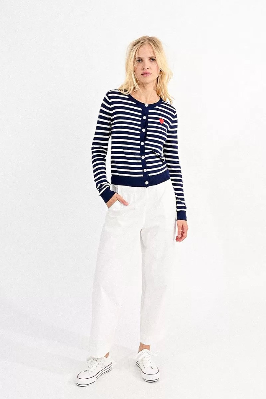 Online Molly Bracken Molly Bracken Navy/White D Heart Cardigan | Summer Knit Ireland Stripe