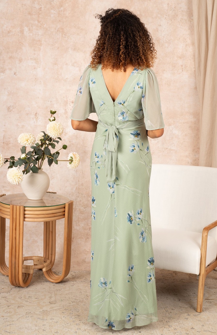 New Hope & Ivy Hope & Ivy Melrose Flutter Sleeve V-Neck Tie Back Maxi Dress | Ireland Green