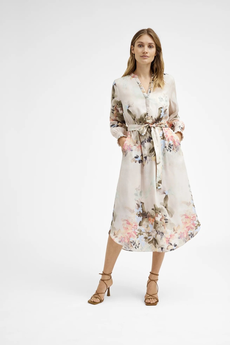 Hot Gustav Gustav Nichole Belted Floral Print Midi Dress | Ribbon Rouge Beige