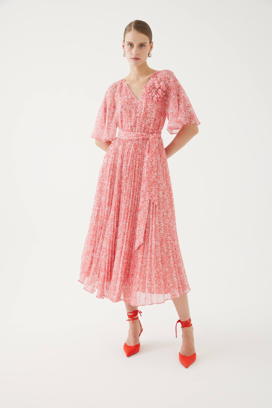 New Exquise Exquise Pink Blossom Print Pleated Midi Dress | Womens Occasion Dress Salmon