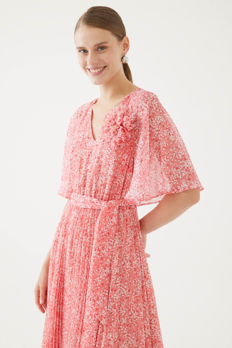 New Exquise Exquise Pink Blossom Print Pleated Midi Dress | Womens Occasion Dress Salmon