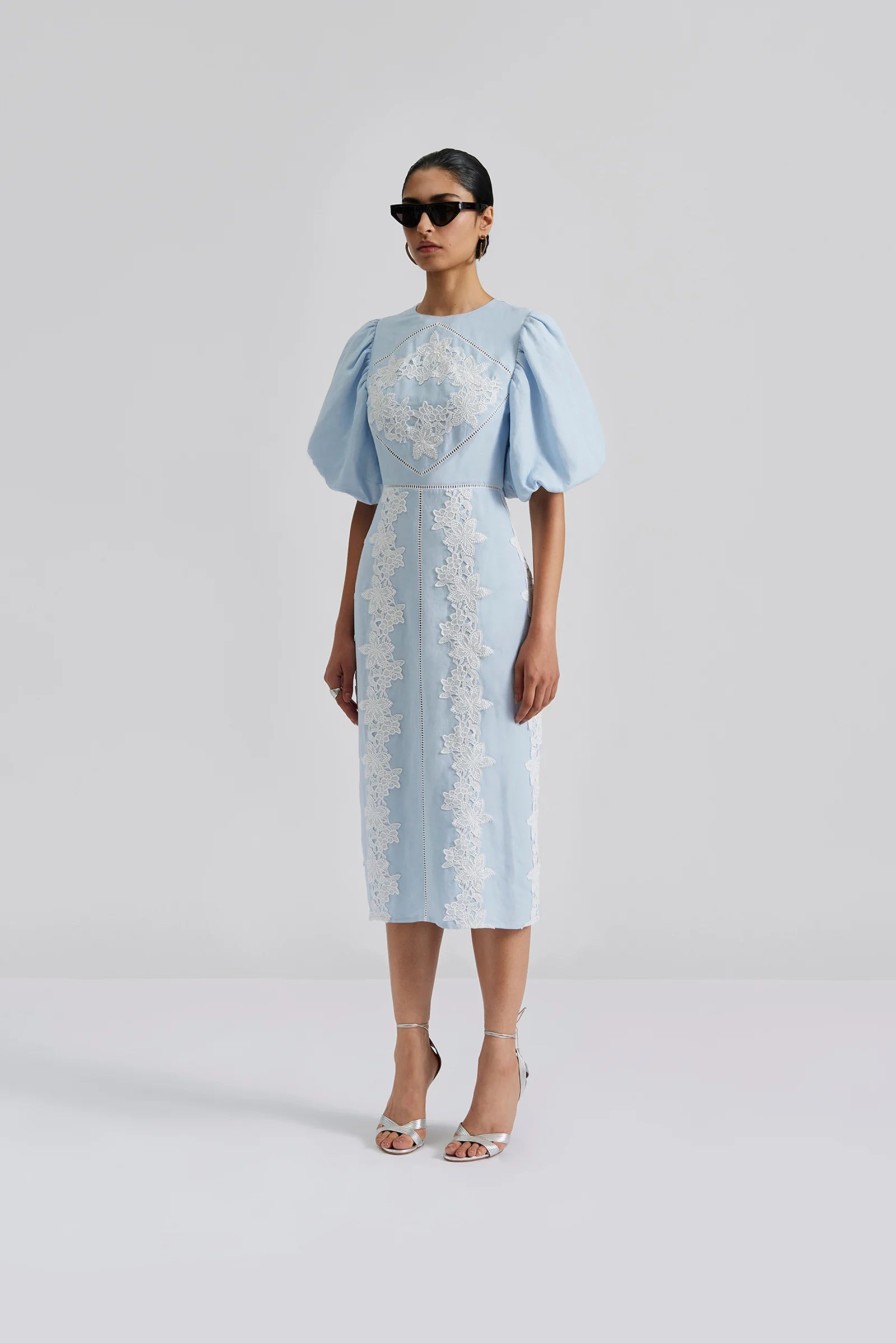 Best Malina Malina Rudy Blue Embroidered Linen Midi Dress | Occasion Dresses Ireland Light Blue