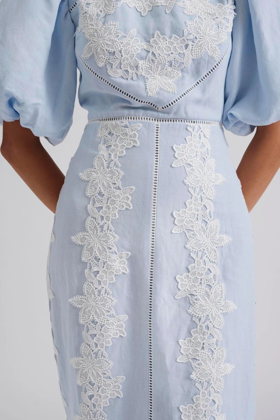 Best Malina Malina Rudy Blue Embroidered Linen Midi Dress | Occasion Dresses Ireland Light Blue