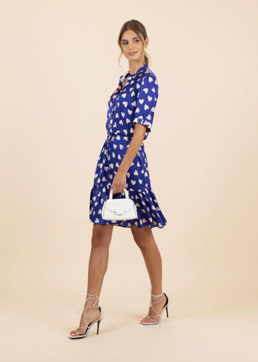 Wholesale Fee G Fee G Sarah Short Heart Print Dress With High Neck | Ribbon Rouge Blue