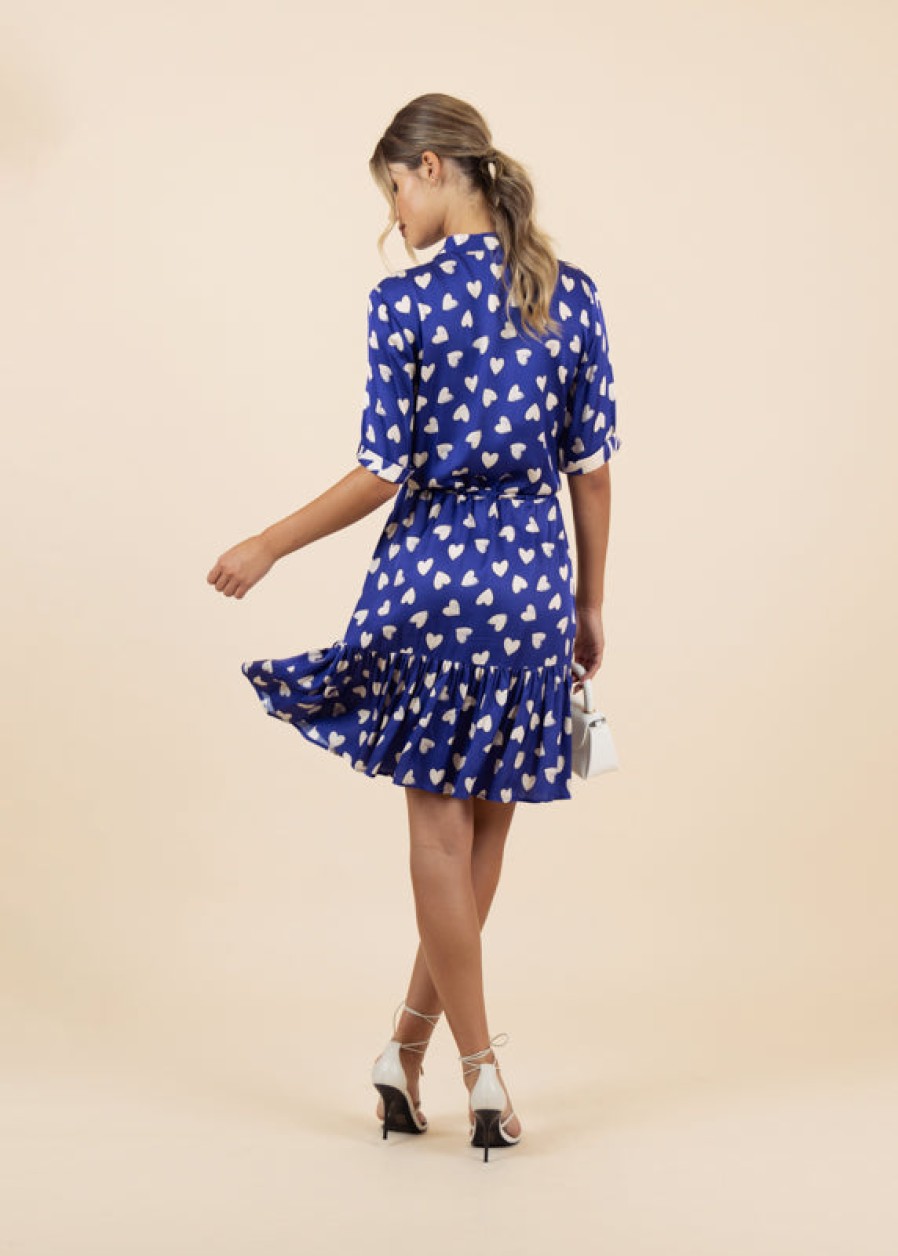 Wholesale Fee G Fee G Sarah Short Heart Print Dress With High Neck | Ribbon Rouge Blue