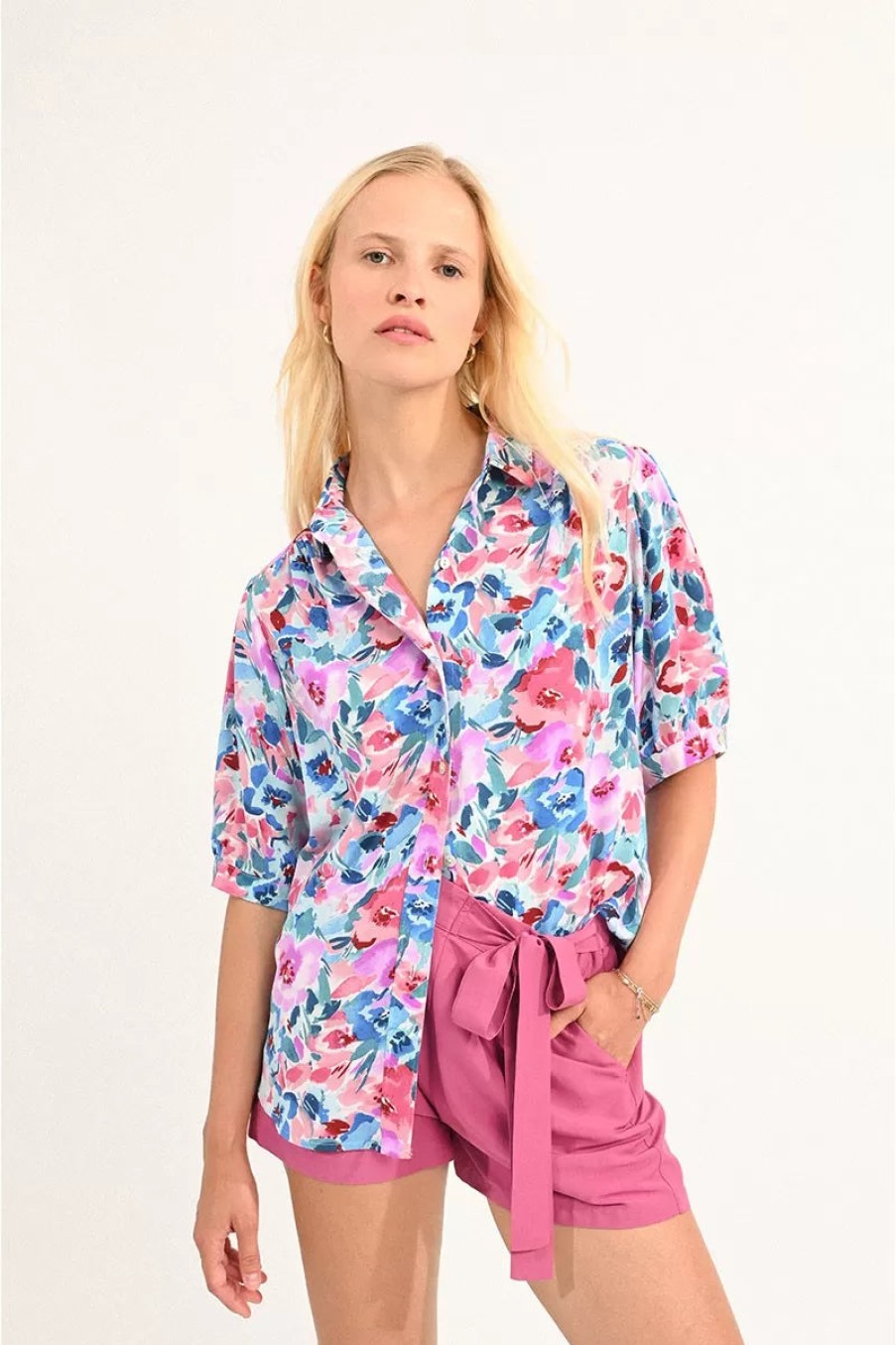 Hot Molly Bracken Molly Bracken Floral Print Short Sleeve Shirt | Summer Tops Ireland Purple