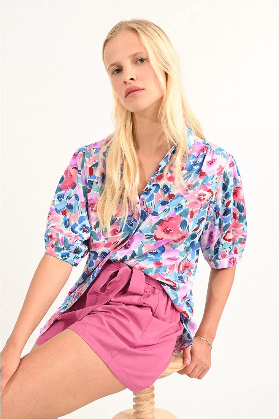 Hot Molly Bracken Molly Bracken Floral Print Short Sleeve Shirt | Summer Tops Ireland Purple