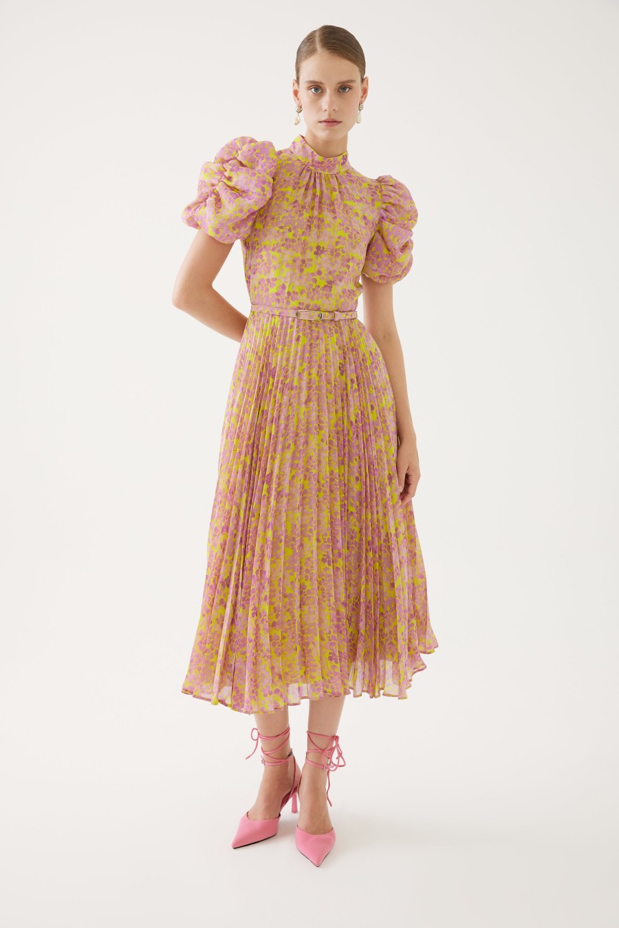 Wholesale Exquise Exquise /Yellow Blossom Print Pleated Midi Dress | Ribbon Rouge Pink