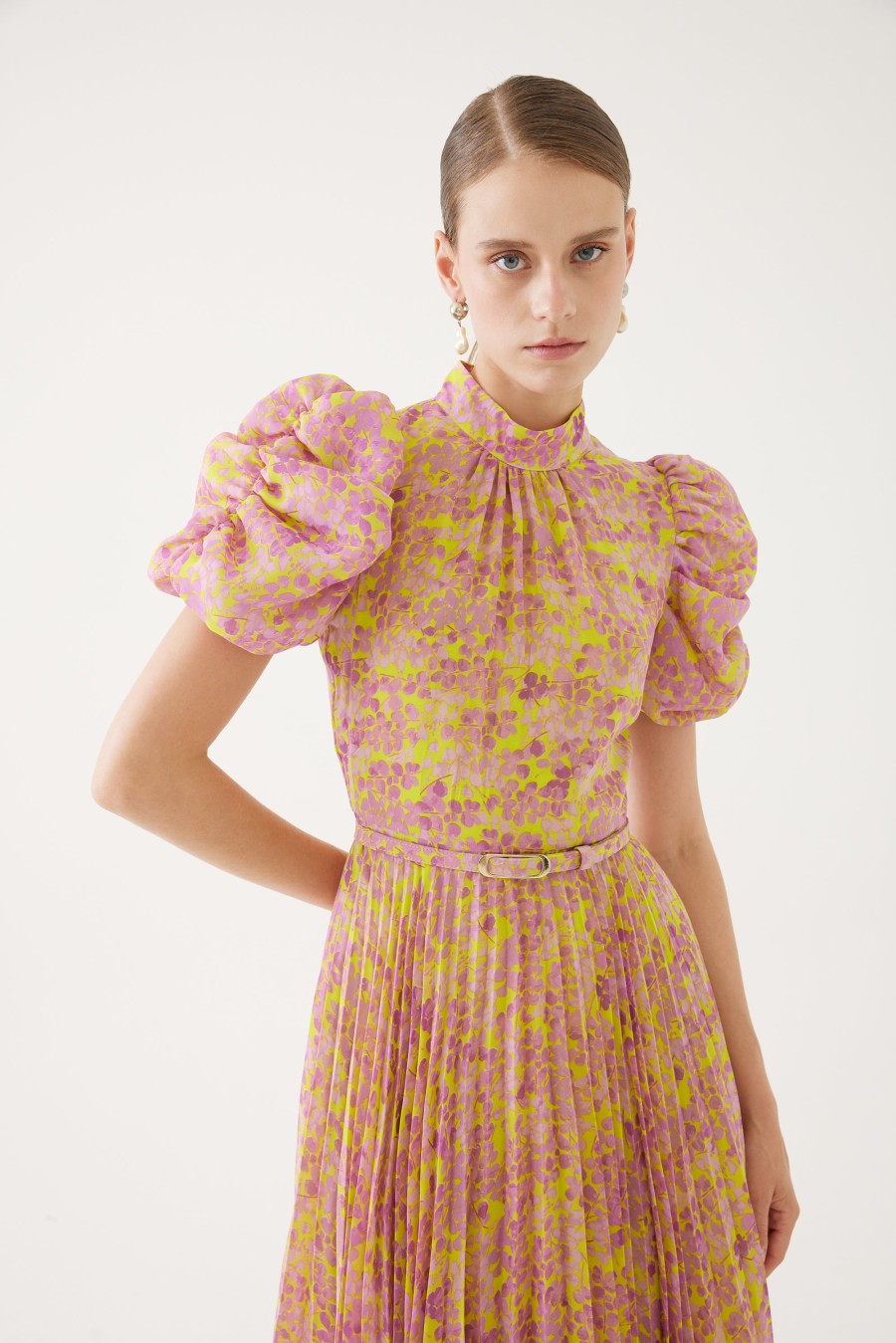 Wholesale Exquise Exquise /Yellow Blossom Print Pleated Midi Dress | Ribbon Rouge Pink