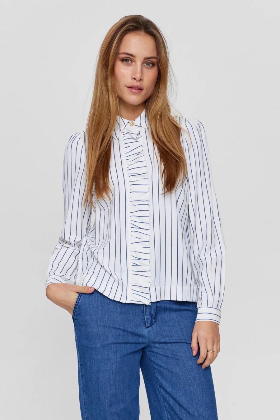 New Numph Numph Nuaqua Frilled Stripe Shirt For Women | Ribbon Rouge White