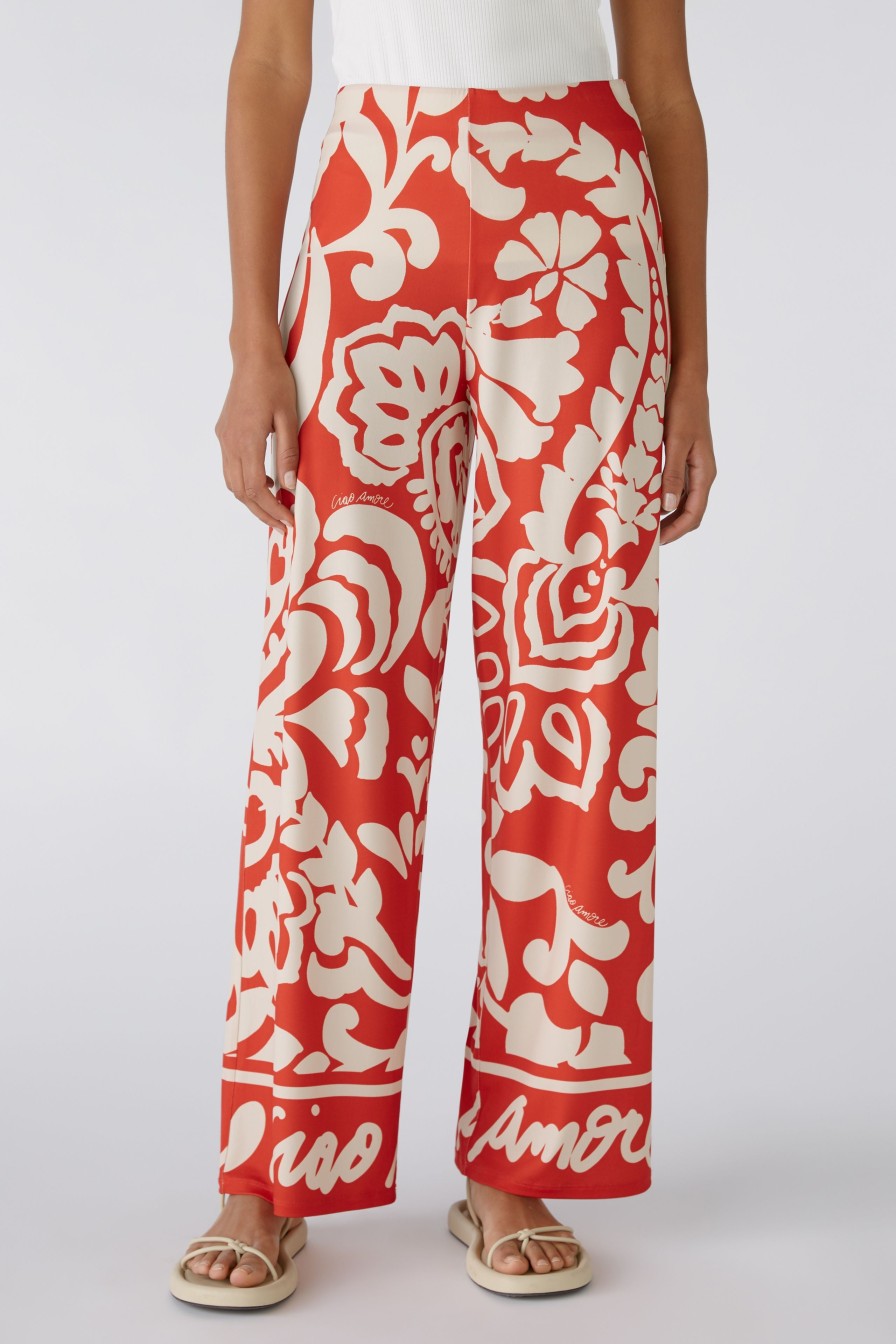 Wholesale Oui Tropical Floral Wide-Leg Trousers | Women'S Trousers Ireland Red