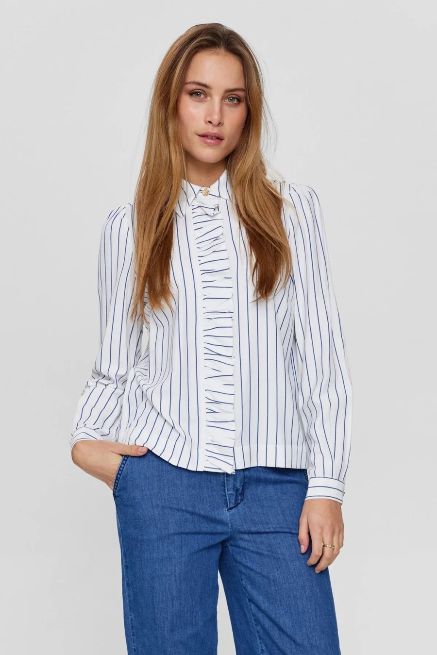 Wholesale Numph Numph Nuaqua Frilled Stripe Shirt For Women | Ribbon Rouge White