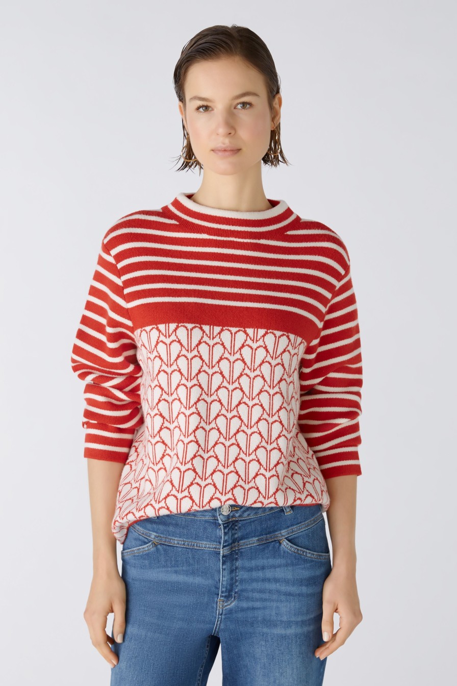 Wholesale Oui Two-Tone Knit Jumper With Heart Motif | Shop Oui Online Ireland Red