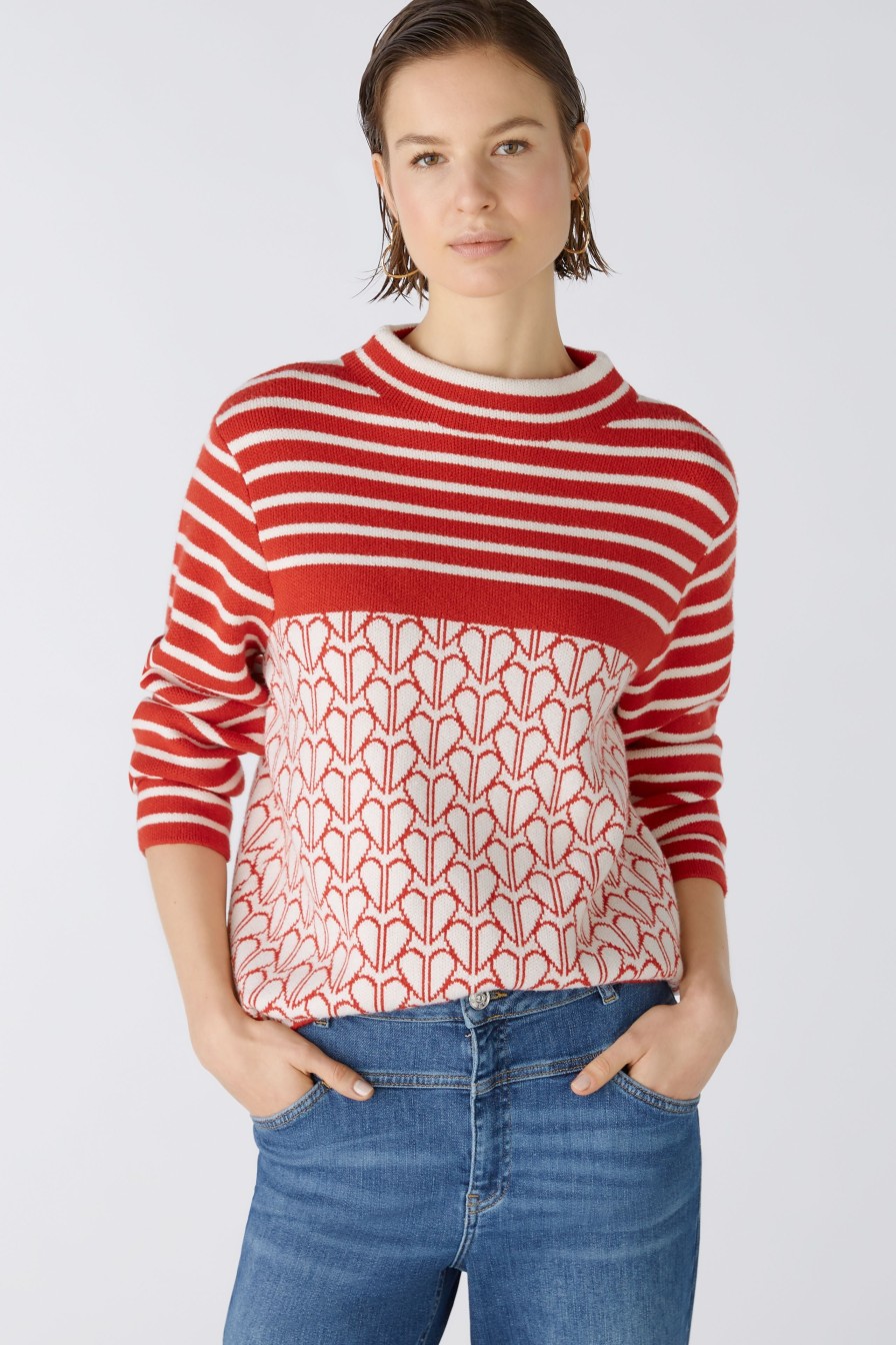 Wholesale Oui Two-Tone Knit Jumper With Heart Motif | Shop Oui Online Ireland Red