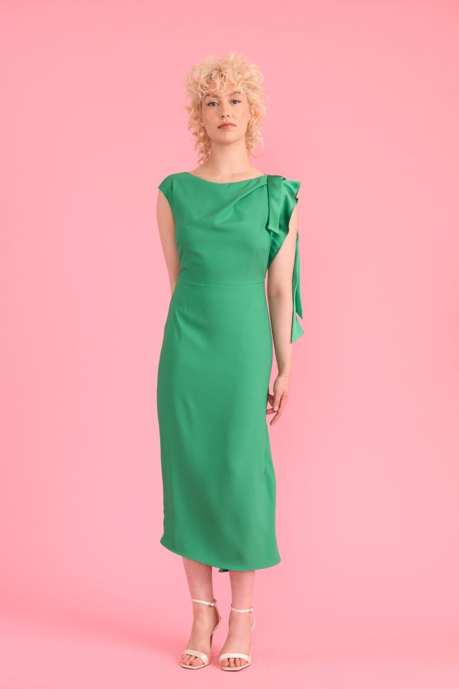 Online Sisters Gianna Draped Satin Shoulder Midi Dress | Sisters By Caroline Kilkenny Green