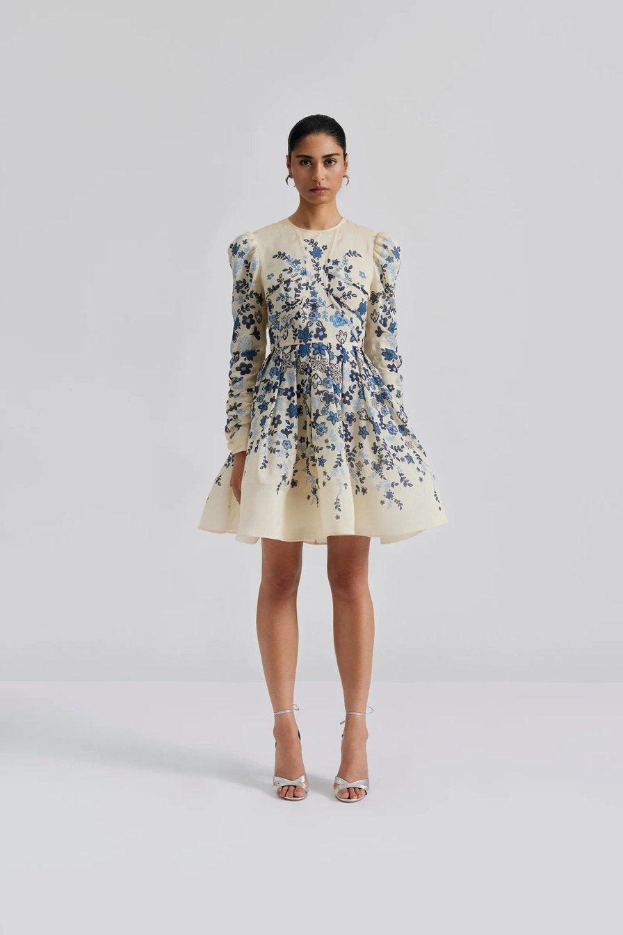 Clearance Malina Malina Leoni Cream/Blue Silk Mini Dress | Elegant Occasion Wear Ireland Floral