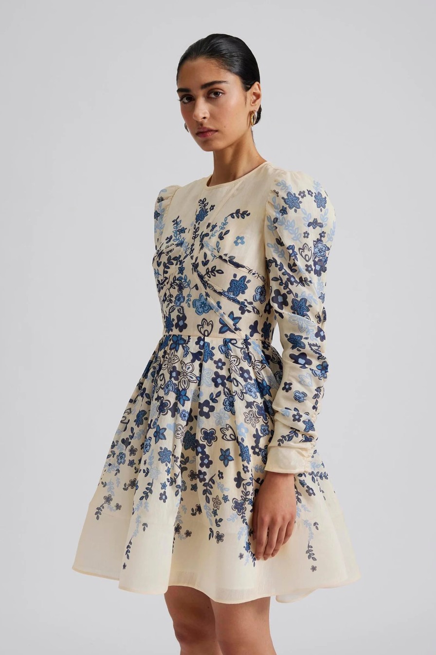 Clearance Malina Malina Leoni Cream/Blue Silk Mini Dress | Elegant Occasion Wear Ireland Floral