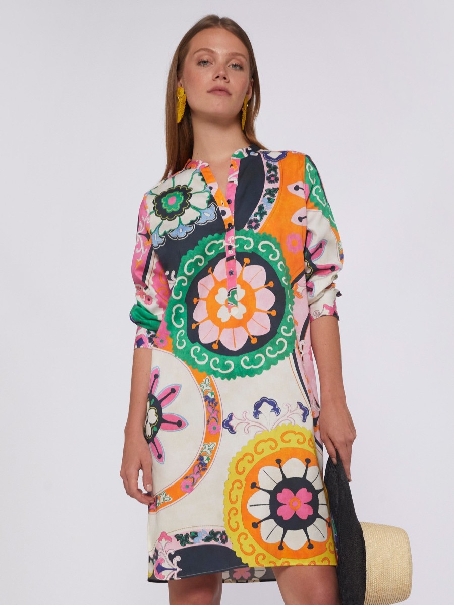 Hot Vilagallo Vilagallo Danis Suzani Multi-Colour Retro Print Dress | Ribbon Rouge Off-White