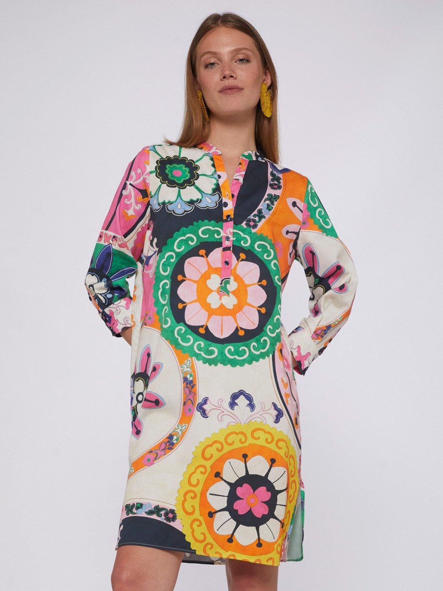 Hot Vilagallo Vilagallo Danis Suzani Multi-Colour Retro Print Dress | Ribbon Rouge Off-White