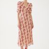 Clearance Exquise Exquise Leaf Print Midi Dress With Shirt Puffed Sleeves | Ribbon Rouge Red