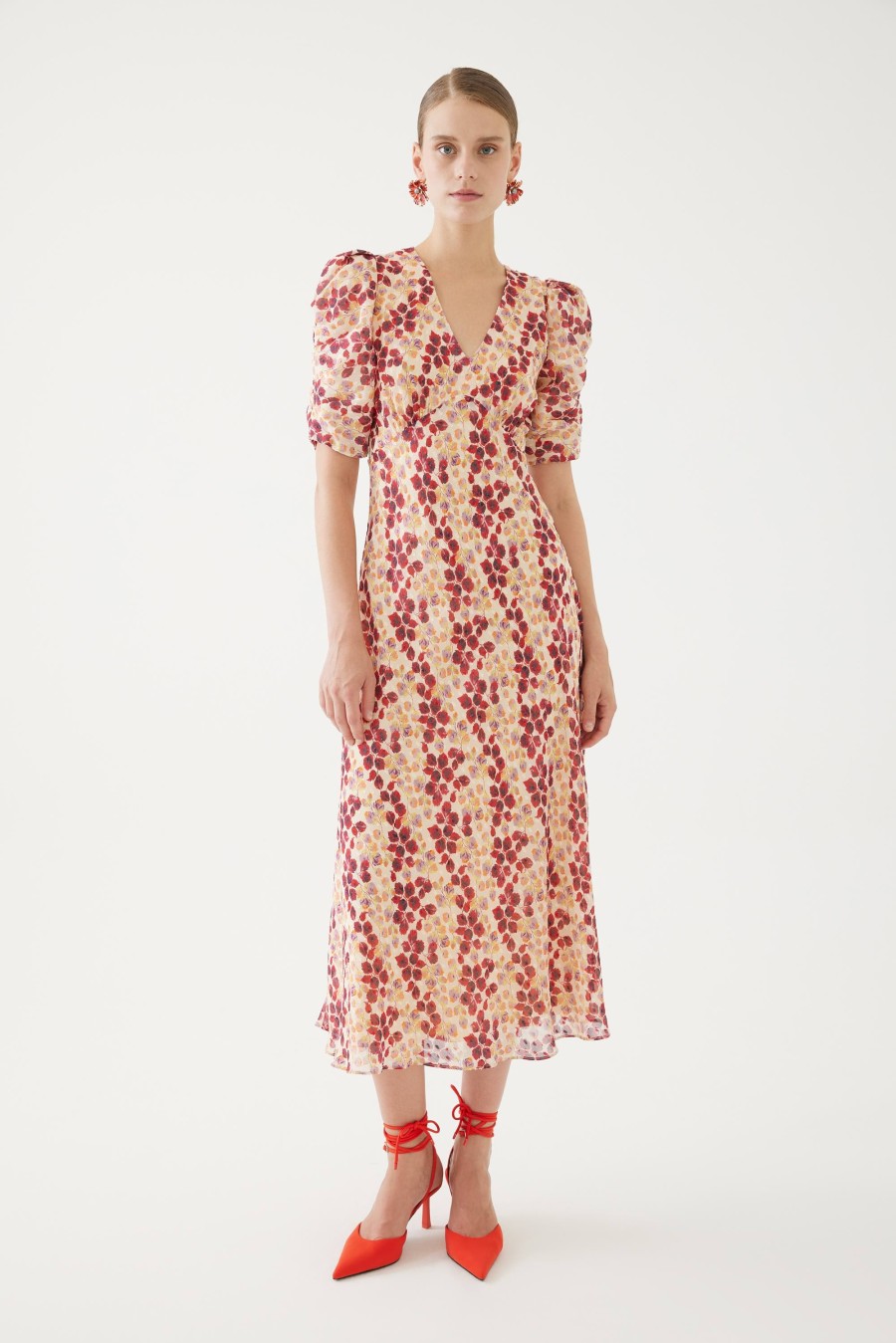 Clearance Exquise Exquise Leaf Print Midi Dress With Shirt Puffed Sleeves | Ribbon Rouge Red