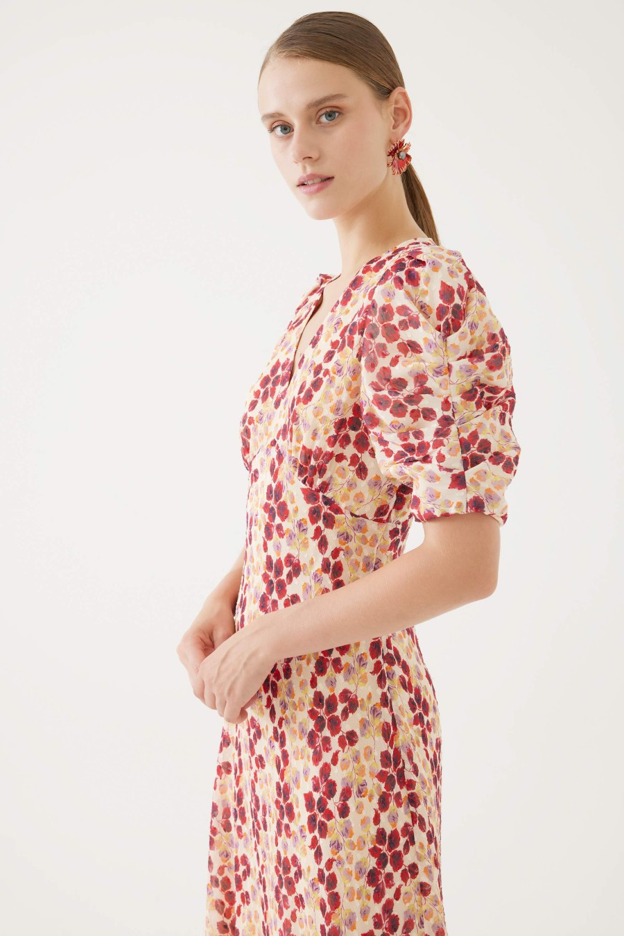 Clearance Exquise Exquise Leaf Print Midi Dress With Shirt Puffed Sleeves | Ribbon Rouge Red