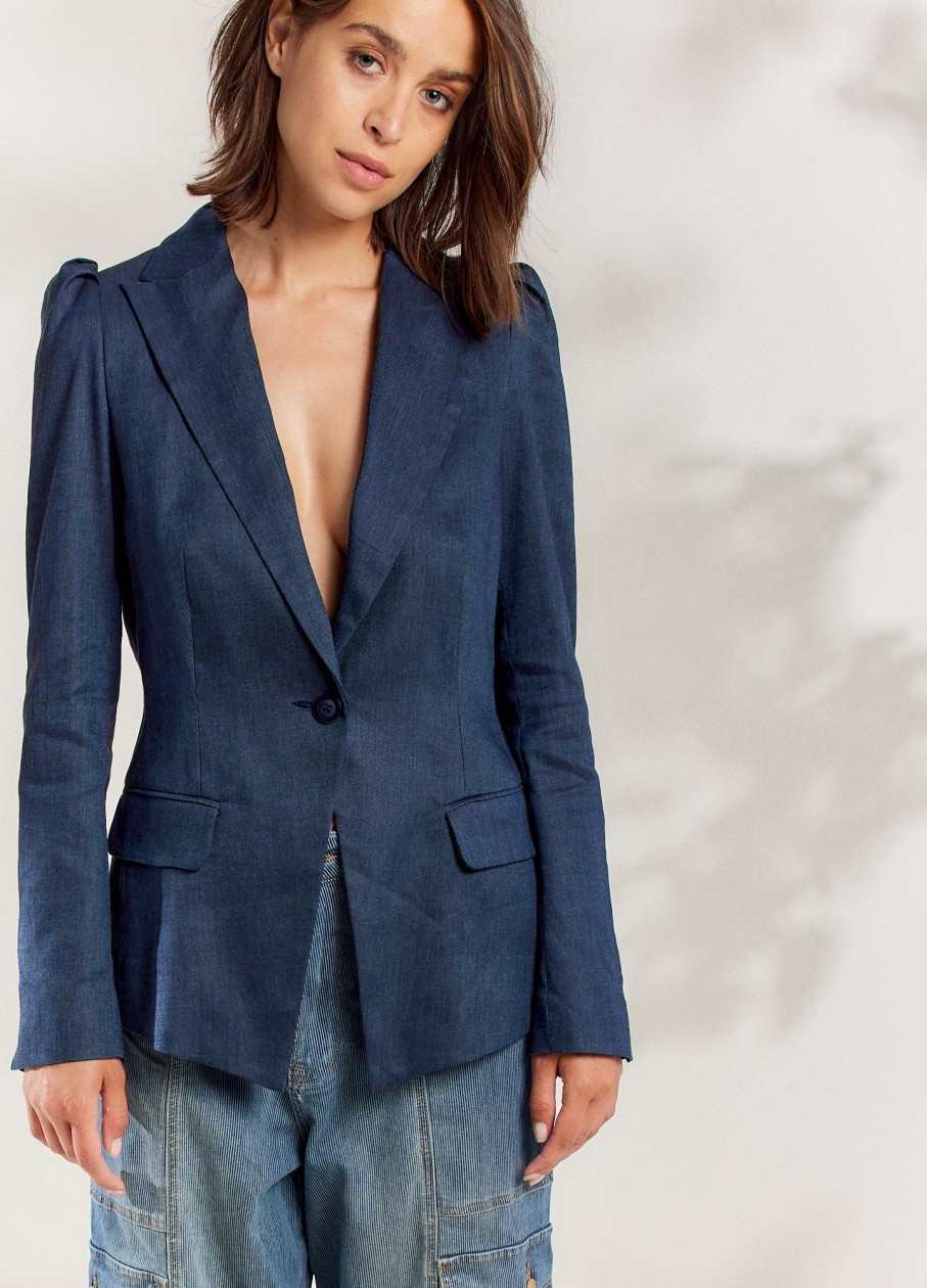 New Summum Summum Puffed Sleeve Jacket | Linen Blazers For Women Ireland Navy