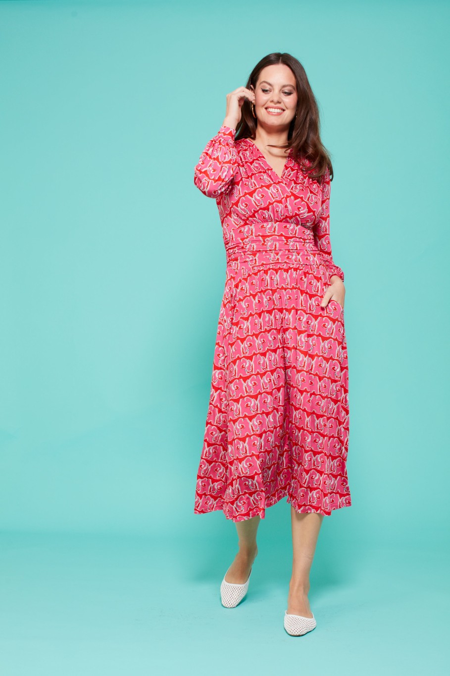 Wholesale Onjenu Onjenu Sharon /Red Print Midi Dress | Onjenu Ireland Pink