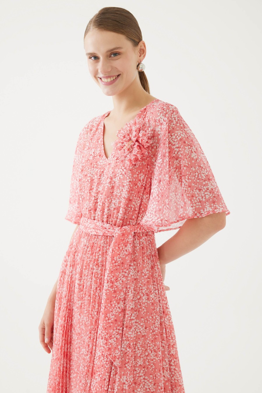 Hot Exquise Exquise Pink Blossom Print Pleated Midi Dress | Womens Occasion Dress Salmon