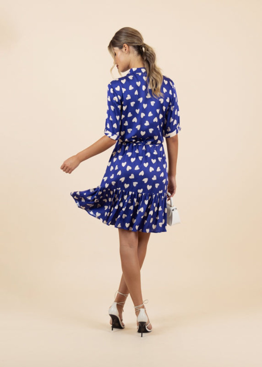 Clearance Fee G Fee G Sarah Short Heart Print Dress With High Neck | Ribbon Rouge Blue