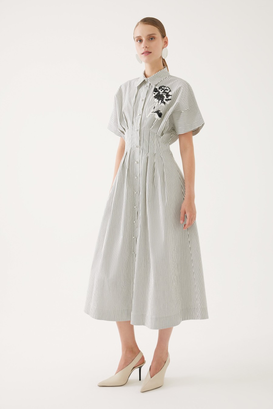 Online Exquise Exquise Black/ Pinstripe Midi Shirt Dress | Ribbon Rouge White