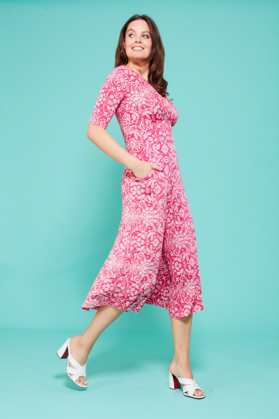 New Onjenu Onjenu Remy Long Sleeve Printed V-Neck Midi Dress | Ireland