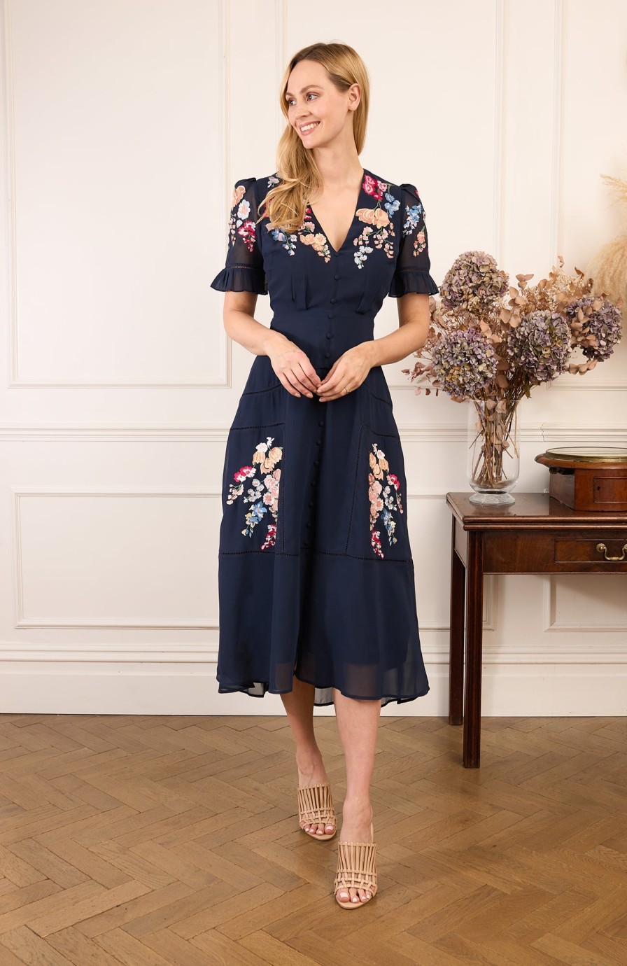 Hot Hope & Ivy Clarice Floral Midi Dress | Hope & Ivy Spring Collection Ireland Navy