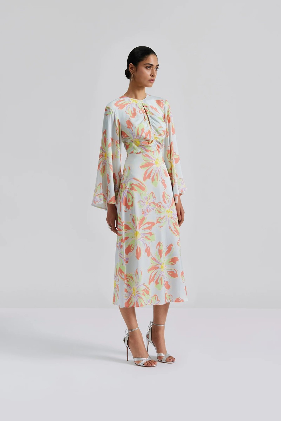 Best Malina Malina Isadora Trumpet Sleeve Floral Print Midi Dress | Womens Dresses Light Blue