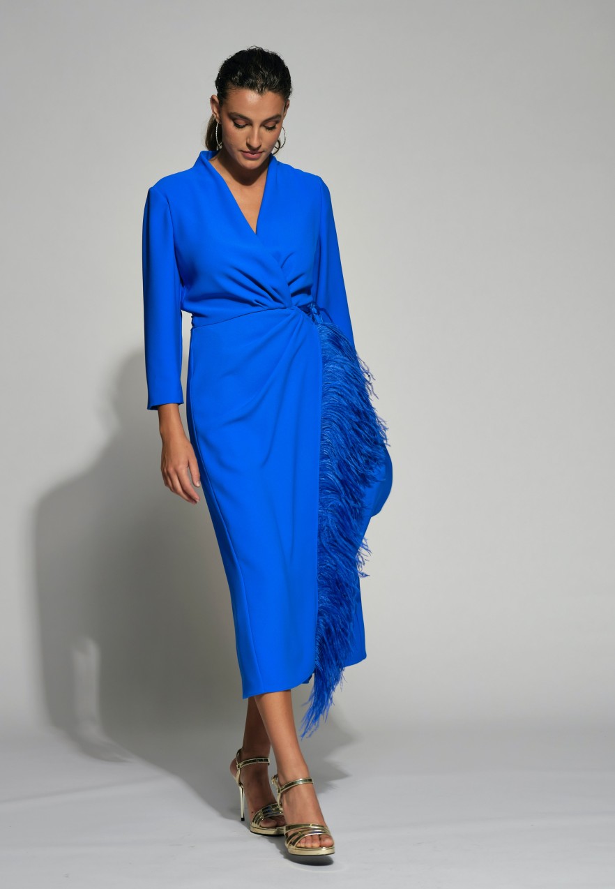 Wholesale Moskada Moskada Tulipan Wrap Style Feather Trim Dress | Ribbon Rouge Blue