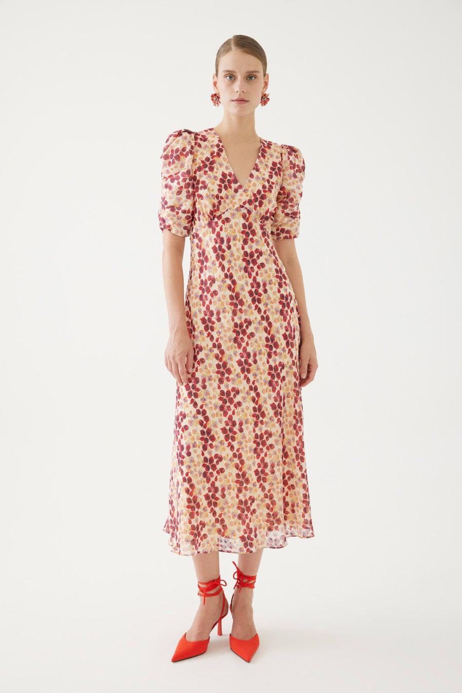 New Exquise Exquise Leaf Print Midi Dress With Shirt Puffed Sleeves | Ribbon Rouge Red