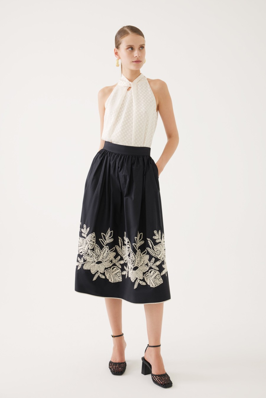 Clearance Exquise Exquise Floral Midi Skirt | Black & Cream Embroidery | Ribbon Rouge Black/Cream