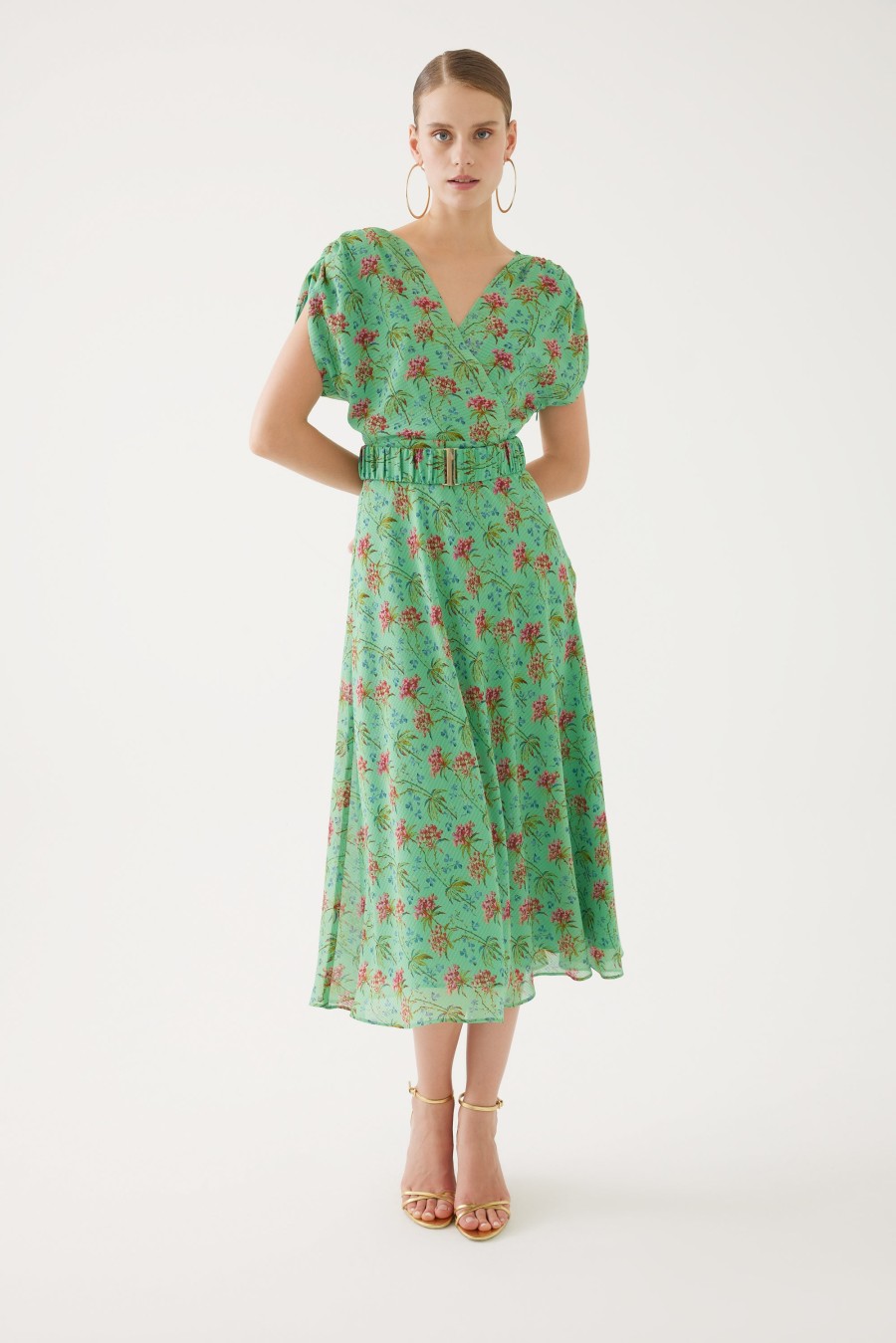 Online Exquise Exquise Floaty Botanic Print Belted Midi Dress | Womens Dresses Green