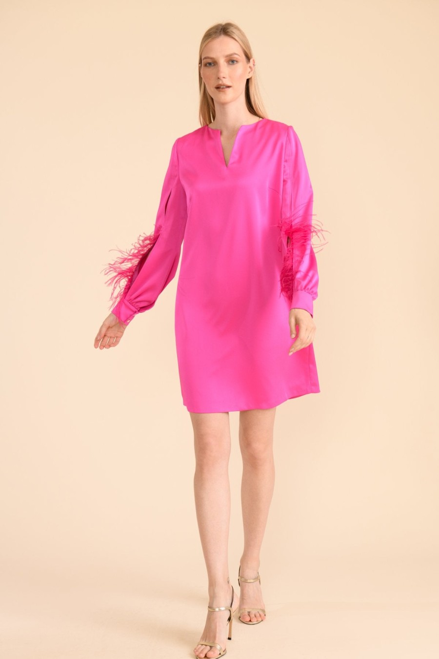 Wholesale Caroline Kilkenny Caroline Kilkenny Ginger Feather Split Sleeve Dress | Ribbon Rouge Fuschia