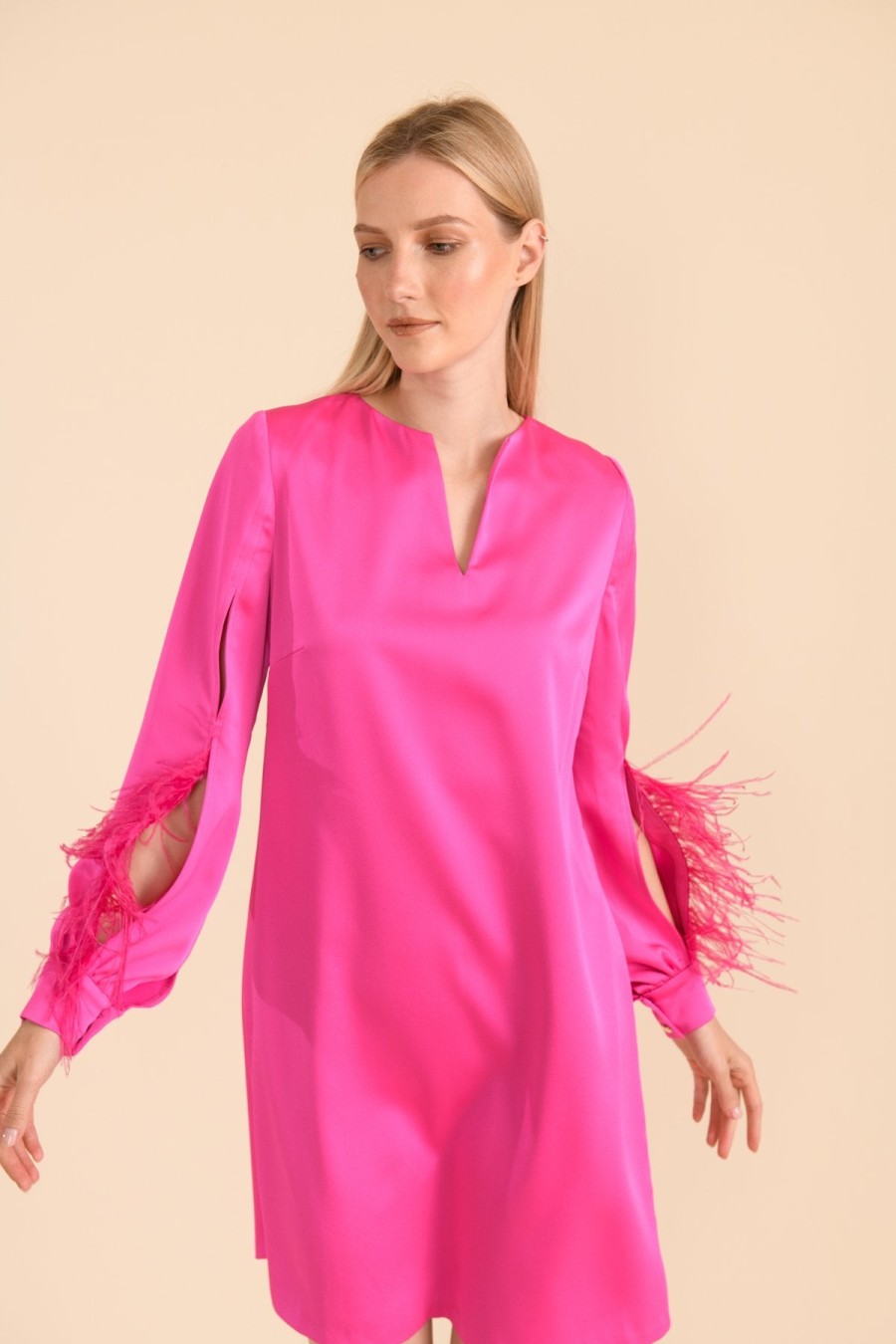 Wholesale Caroline Kilkenny Caroline Kilkenny Ginger Feather Split Sleeve Dress | Ribbon Rouge Fuschia