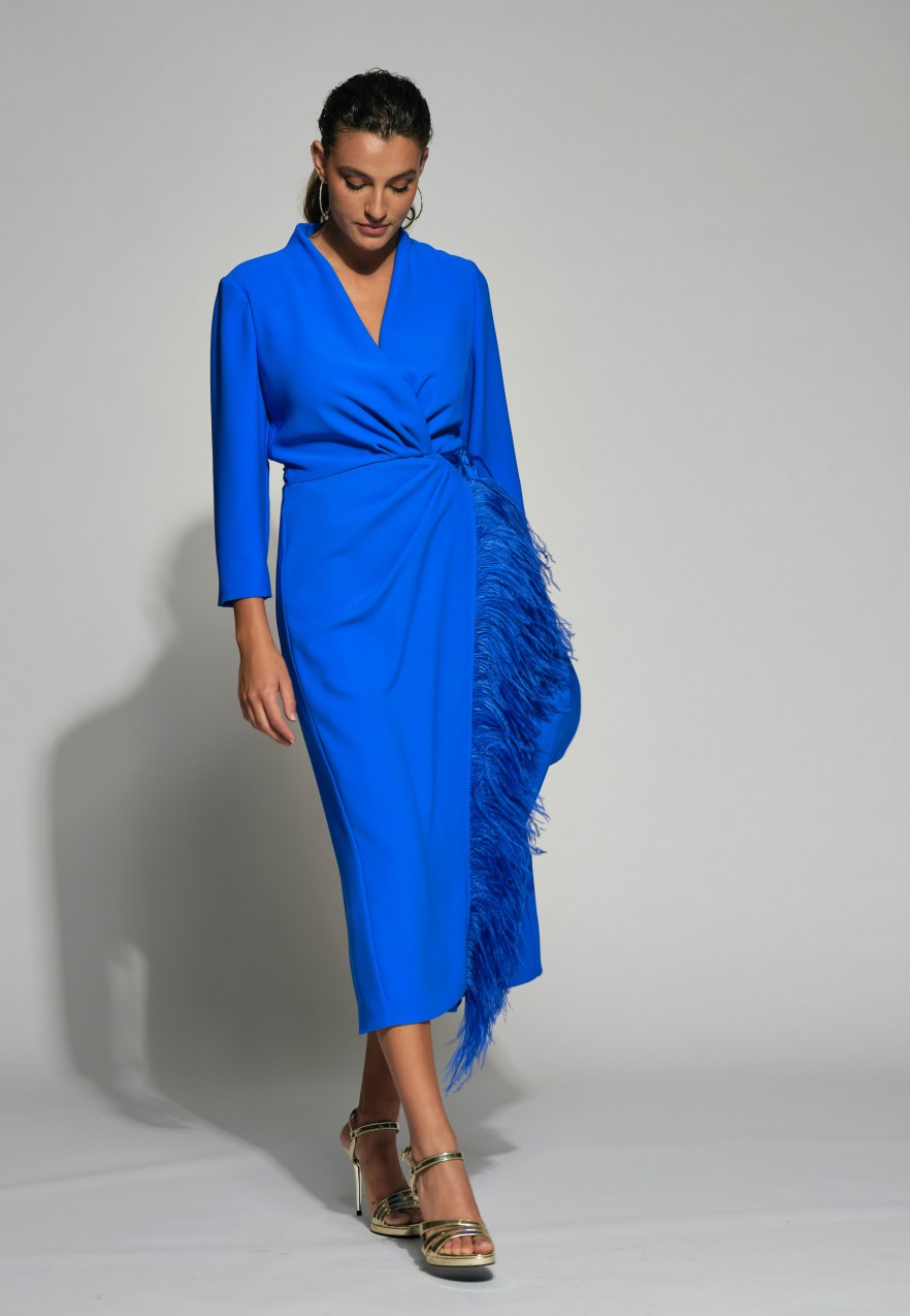 Hot Moskada Moskada Tulipan Wrap Style Feather Trim Dress | Ribbon Rouge Blue