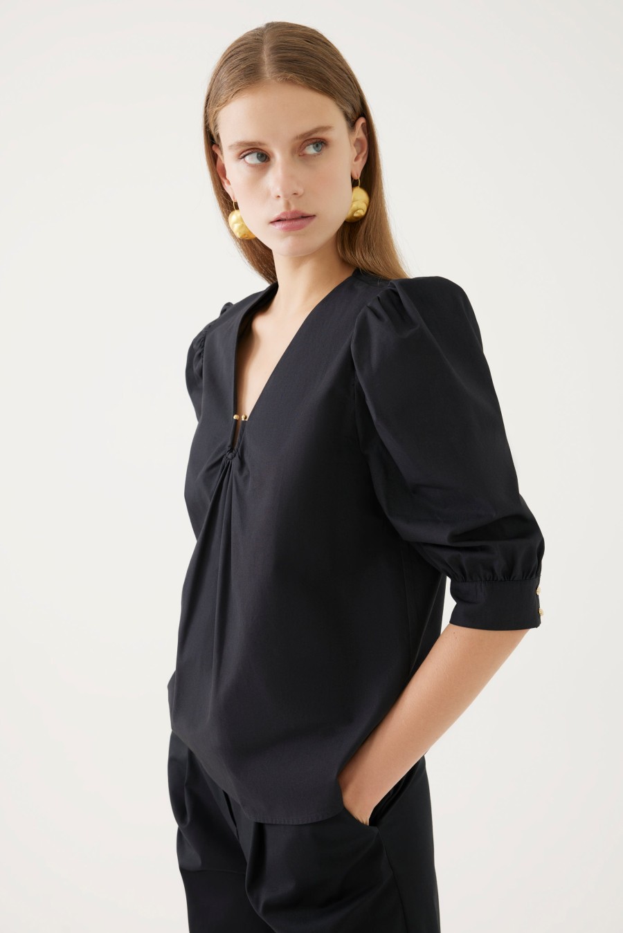 Best Exquise Exquise Puff Shoulder Top With U Bar Neckline | Ribbon Rouge Black