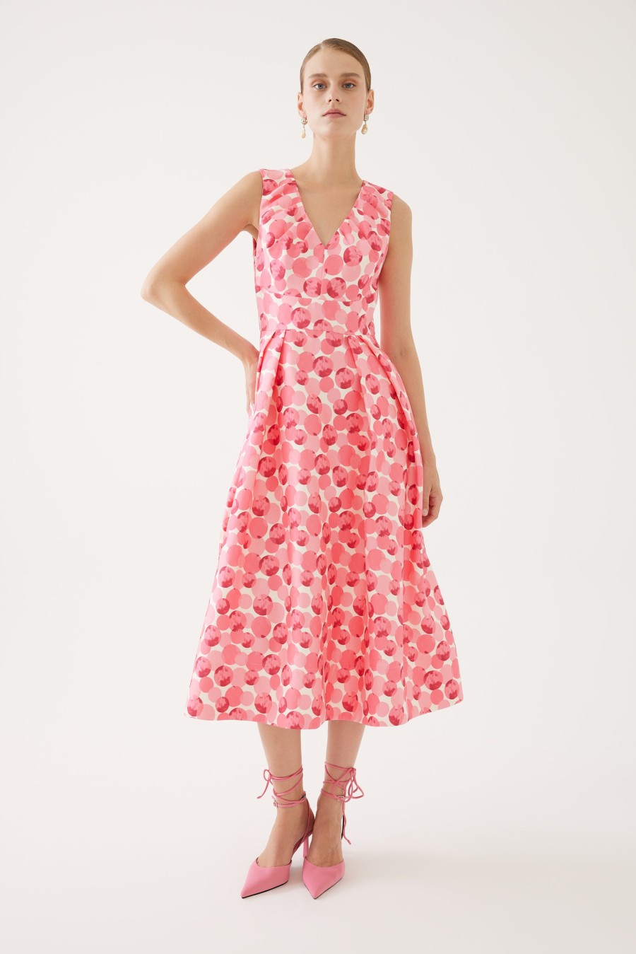 Clearance Exquise Exquise Dot Print Sleeveless Volume Midi Dress | Ribbon Rouge Pink