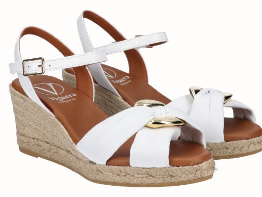 Hot Viguera Viguera Leather Espadrille Wedge Sandals With Gold Buckle | Ireland White