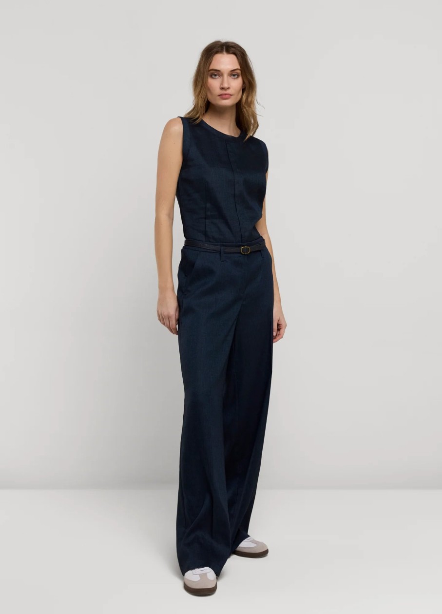 New Summum Summum Linen Wide Leg Trousers | Women'S Summer Trousers Ireland Navy