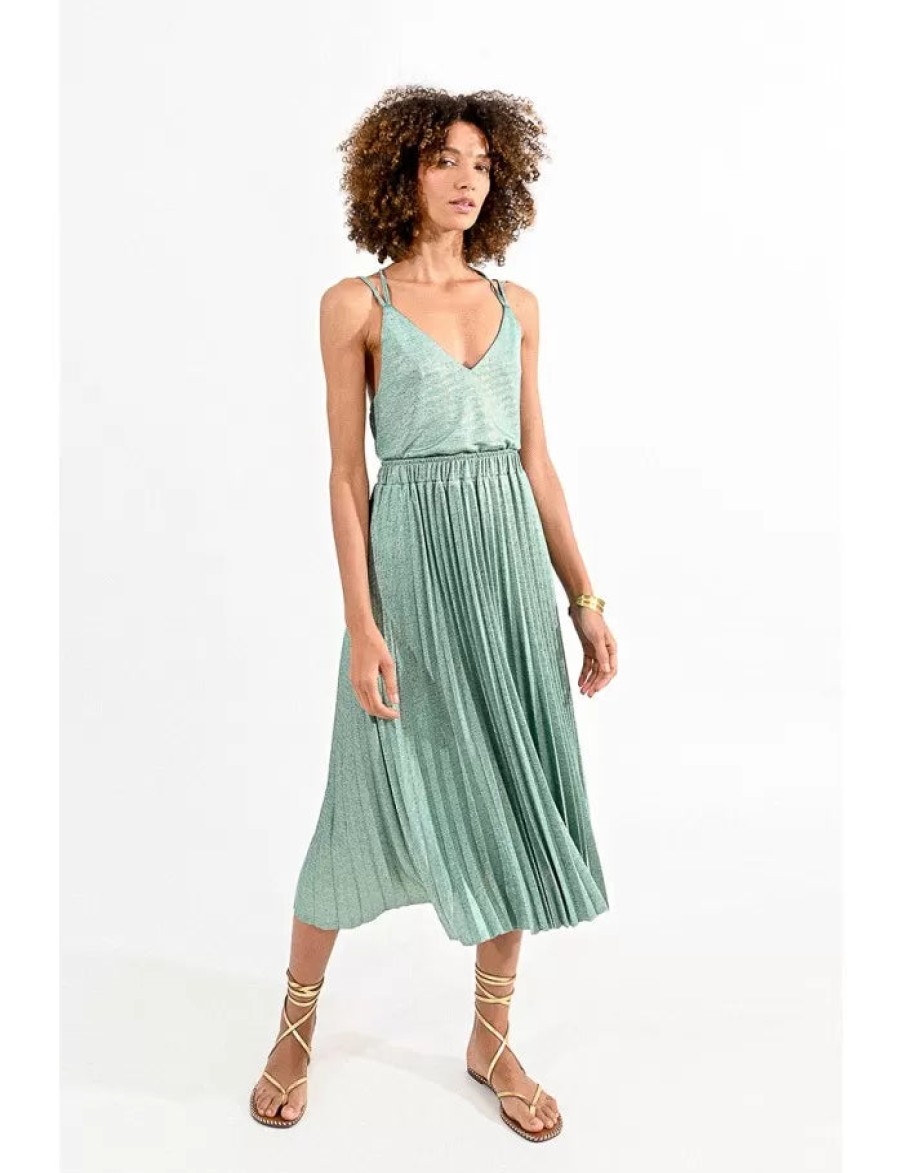 Clearance Molly Bracken Iridescent Pleated Midi Skirt | Molly Bracken Ireland Green