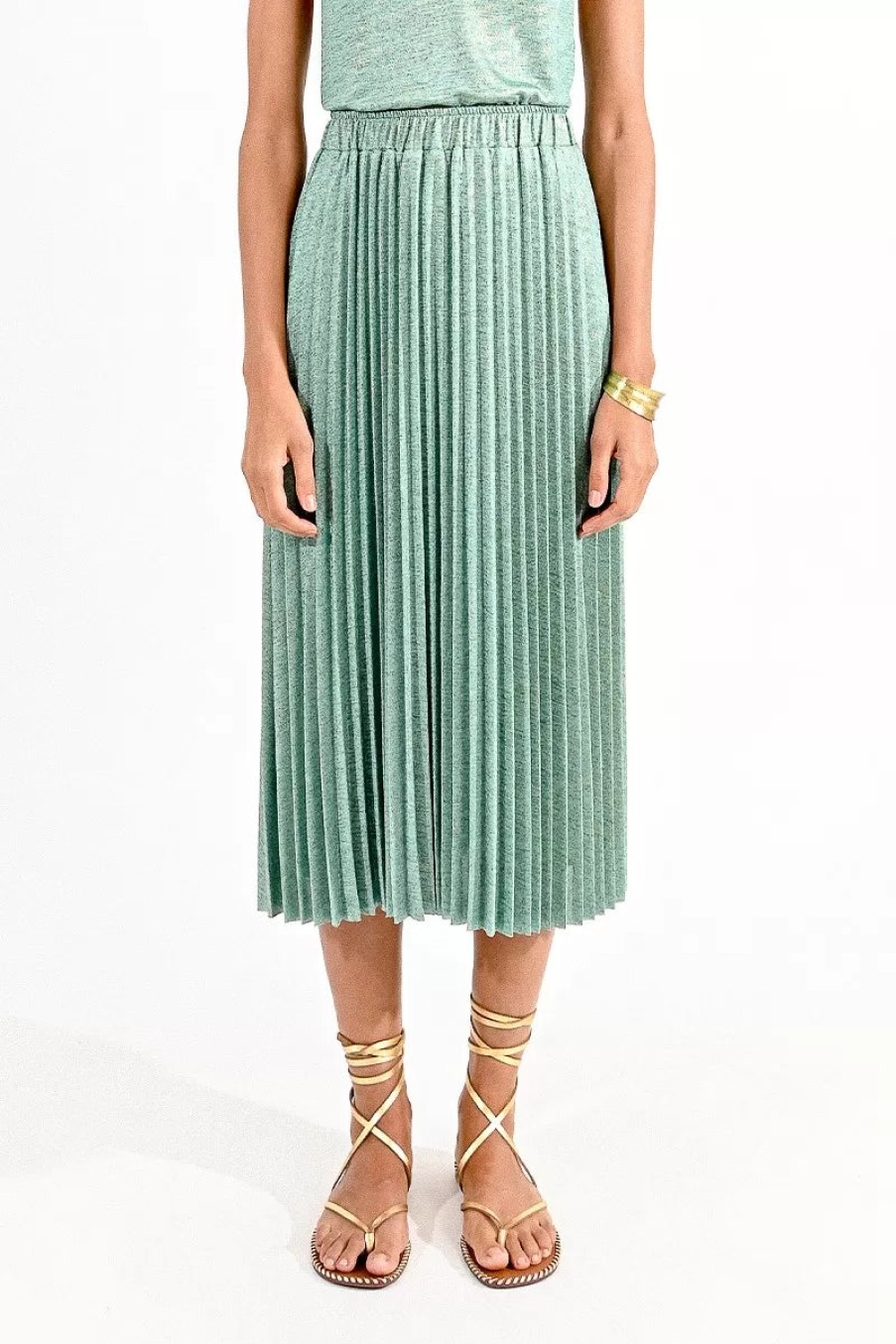 Clearance Molly Bracken Iridescent Pleated Midi Skirt | Molly Bracken Ireland Green